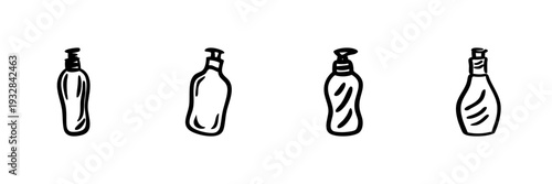 Hand Soap Dispenser Bottles In Hand Drawn Style Set. Personal Hygiene, Skincare, Liquid Soap Containers Doodle Sketch Collection. Bathroom Essentials. Isolated Vector Illustration