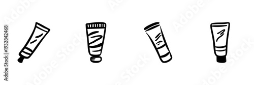 Hand Drawn Style Set Of Cosmetic Tubes. Skincare, Beauty Products, And Personal Care Doodle Sketch Collection. Isolated Vector Illustration