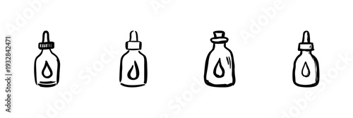 Dropper Bottles With Liquid In Hand Drawn Style Set. Essential Oils, Aromatherapy, Skincare Products Doodle Sketch Collection. Natural Remedies Illustration. Isolated Vector Illustration