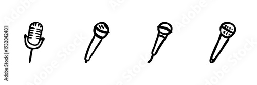 Microphone Icons In Hand Drawn Style Set. Audio Recording, Broadcasting, Music Performance Doodle Sketch Collection. Sound Equipment Variety. Isolated Vector Illustration