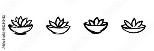 Succulent Plants In Pots In Hand Drawn Style Set. Indoor Gardening, Home Decor, Minimalist Plant Design Doodle Sketch Collection. Botanical Art. Isolated Vector Illustration