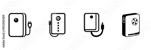 Portable Power Bank Icons In Hand Drawn Style Set. Mobile Charging, Battery Backup, Energy Storage Doodle Sketch Collection. Electronic Device Accessories. Isolated Vector Illustration