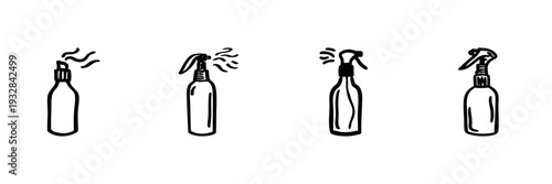 Spray Bottles In Hand Drawn Style Set. Cleaning, Disinfecting, And Aromatherapy Doodle Sketch Collection. Household And Personal Care. Isolated Vector Illustration