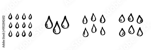 Raindrop Patterns In Hand Drawn Style Set. Weather, Water, And Nature Doodle Sketch Collection. Artistic Raindrop Variations. Isolated Vector Illustration