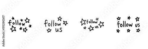 Follow Us Text With Stars In Hand Drawn Style Set. Social Media Engagement, Community Building, Online Interaction Doodle Sketch Collection. Creative Call To Action. Isolated Vector Illustration