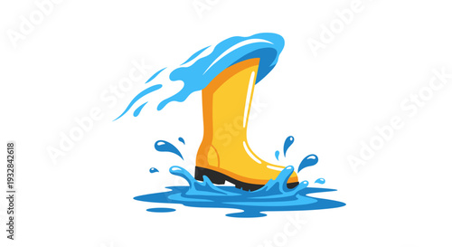 Yellow Rain Boot Splashing in Water Puddle