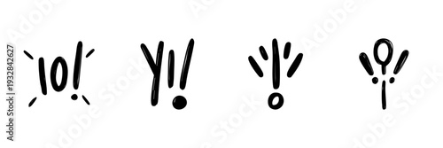 Exclamation Marks And Symbols In Hand Drawn Style Set. Expressive Communication, Emphasis, And Alert Doodle Sketch Collection. Creative Typography Elements. Isolated Vector Illustration