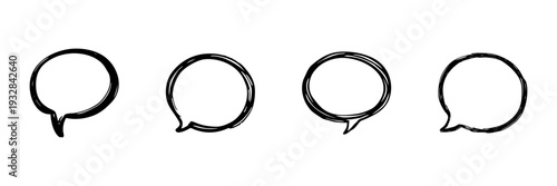 Hand Drawn Speech Bubble Icons In Doodle Style Set. Communication, Dialogue, And Conversation Sketch Collection. Isolated Vector Illustration