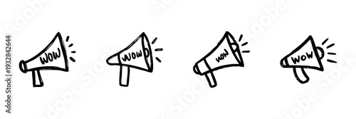 Megaphone With Wow Text In Hand Drawn Style Set. Excitement, Announcement, Promotion, Marketing Doodle Sketch Collection. Communication And Advertising. Isolated Vector Illustration