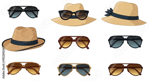 Collection of stylish sunglasses and hats for summer fashion and travel.