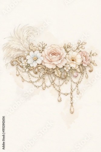 Rococo Floral Ornament with Pearls and Vintage Elegant Decoration