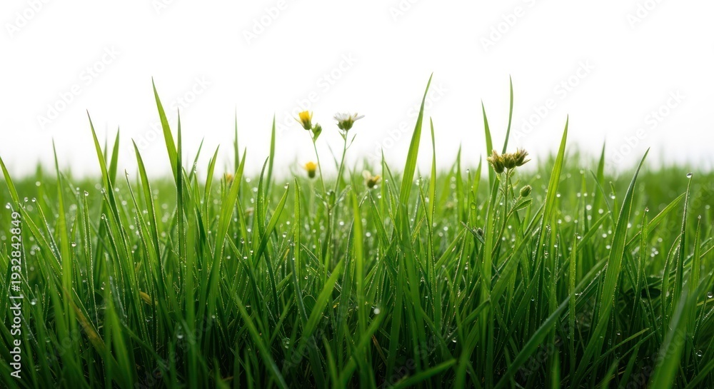 Fototapeta premium Close-up of vibrant green grass blades, sprinkled with droplets, against a bright white sky