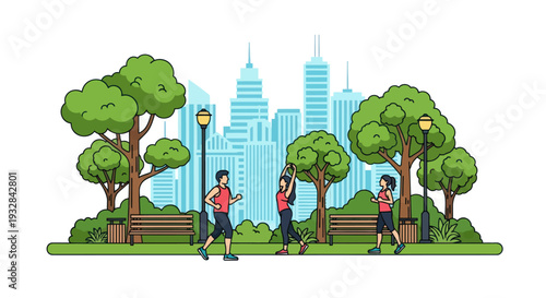 People exercising in a city park with skyscrapers in the background