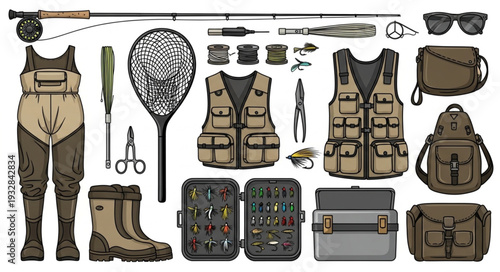 Fly fishing gear assortment, featuring waders, vest, rod, and tackle for angling adventures.