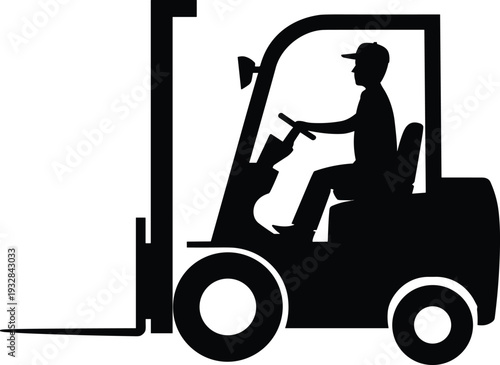 Black forklift silhouette vector icon featuring operator driving warehouse vehicle for industrial logistics shipping supply chain management distribution center and heavy machinery equipment concept.