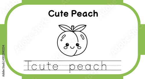 Cute Peach Cartoon Character with "Cute Peach" Text for Tracing