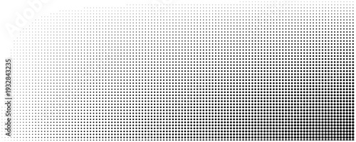 Dotted halftone gradient texture. Fading polka dot background. Repeated dots gradation pattern. Black and white vanishing comic pop art backdrop. Horizontal halftone raster effect wallpaper. Vector