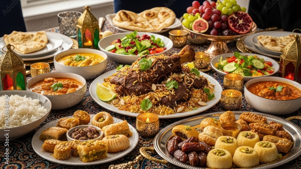 Fototapeta premium Middle eastern feast featuring various dishes on a decorated table