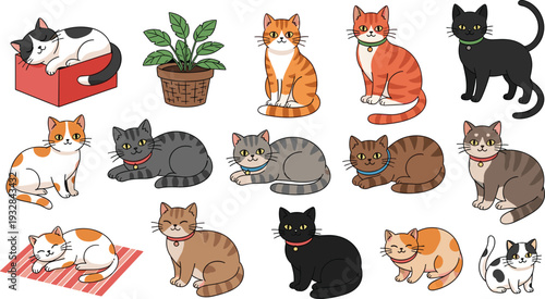 Cute cats and kittens collection in various poses and colors set