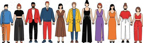 Group of diverse people holding hands standing in a row together