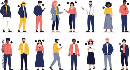 Diverse group of people using smartphones and mobile devices set