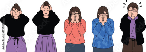 People covering eyes ears and face set expressing stress or sadness