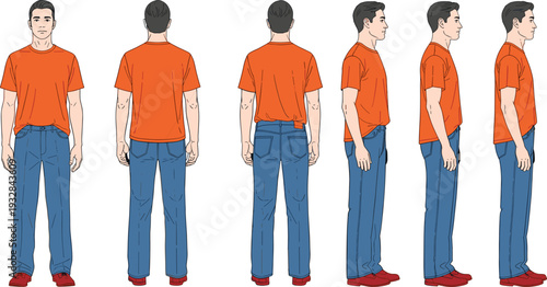Male character model sheet in orange t-shirt and blue jeans from different angles