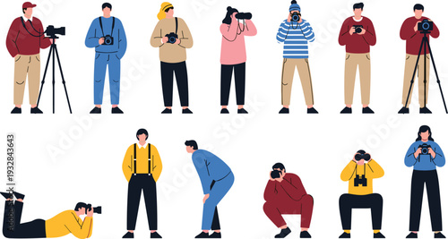 Professional photographer and paparazzi characters set with cameras and tripods