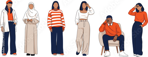 Set of diverse people in casual orange and blue outfits standing and sitting