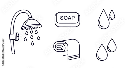 Shower, soap, and towel icons with water droplets, bathroom symbols