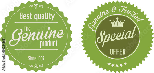 Two green seals with special offer and genuine product labels