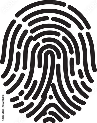 Black minimalist fingerprint icon with detailed ridge patterns isolated on white background for biometric security identification forensic science personal privacy and digital authentication design