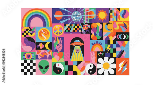 Vibrant collage of various psychedelic patterns and symbols on a white background with peace signs and flowers