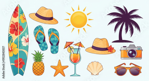 Summer vacation essentials - surfboard, hat, sunglasses, and tropical elements.