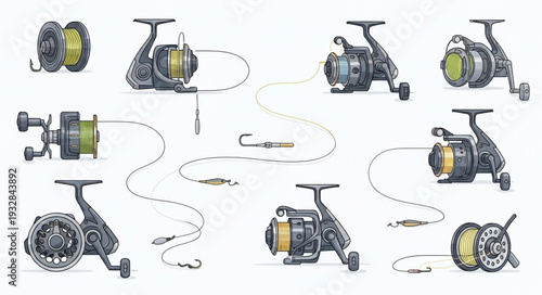 Collection of various fishing reels displayed on a white surface, angling equipment.