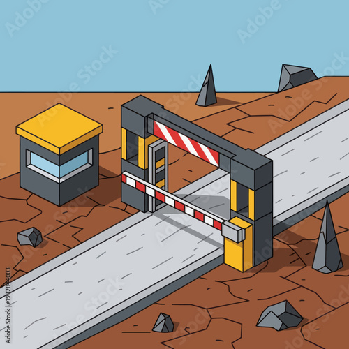 Cartoon Security Checkpoint with Barrier Gate.