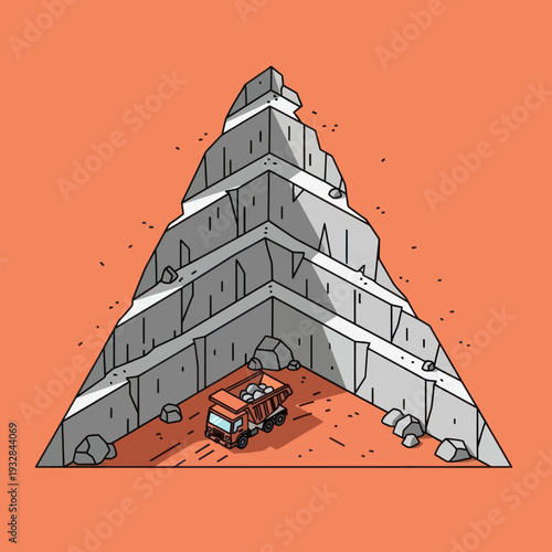 Cartoon Pyramid Structure with Vehicle Inside.