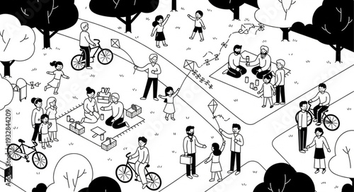 People enjoying a sunny day at the park with various activities and interactions.