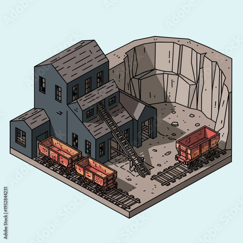 Isometric Illustration of Train Station with Buildings.