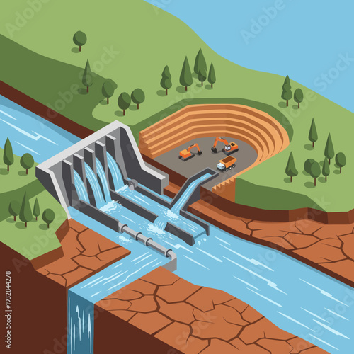 Hydroelectric Dam with Water Flow Illustration.