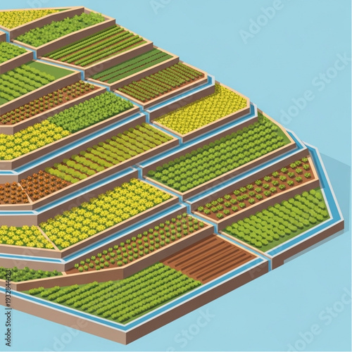 Terraced farm landscape with diverse crops and agricultural fields.
