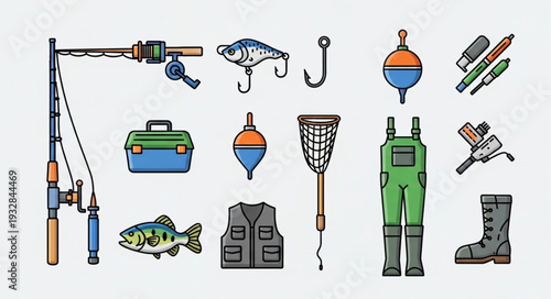 Collection of fishing equipment and accessories for recreational angling activities.