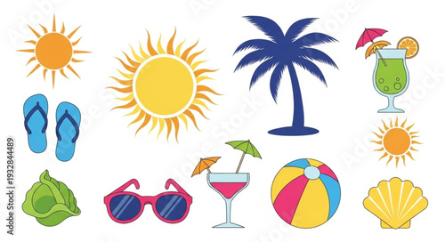 Summer fun collection - sun, beach ball, sunglasses, cocktails, palm tree, and flip-flops.