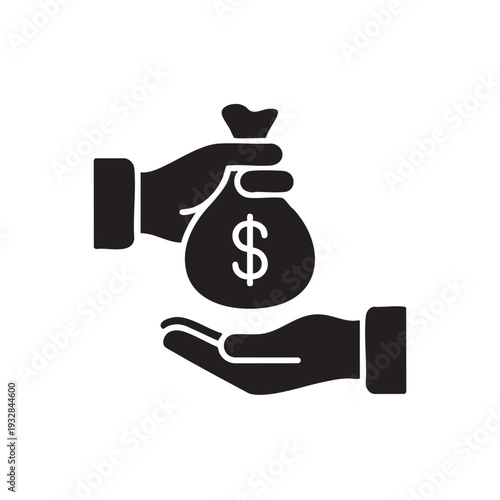 Hands exchanging a money bag with a dollar sign, symbolizing financial transaction, donation, or exchange of funds between individuals or entities.