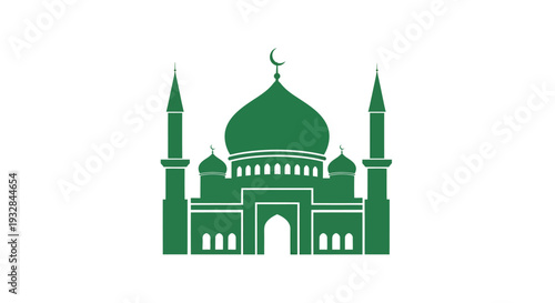 A green mosque with a large central dome and two minarets on a white background