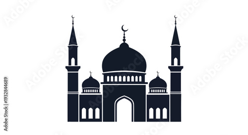 A minimalist illustration of a mosque with domes and minarets in a simple black silhouette on a white background.