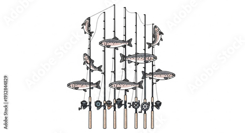 Artistic display of fishing rods and fish sculptures in a creative arrangement.