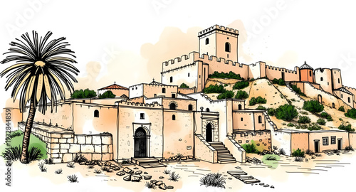 castle, fortress, palace, vector, illustration, drawing, medieval, fantasy, fairytale, tower, walls, gates, stone, architecture, historic, royal, kingdom, stronghold, defense, citadel, moat, landmark,