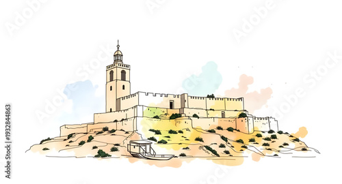 castle, palace, vector, illustration, drawing, medieval, fantasy, fairytale, fortress, tower, walls, gates, stone, architecture, historic, royal, kingdom, stronghold, citadel, defense, moat, landmark,