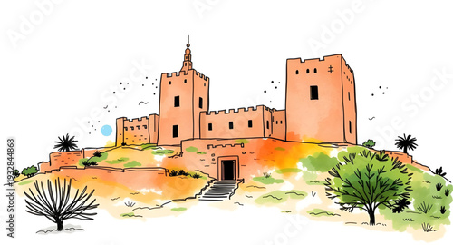 castle, palace, vector, illustration, drawing, medieval, fantasy, fairytale, fortress, tower, walls, gates, stone, architecture, historic, royal, kingdom, stronghold, citadel, defense, moat, landmark,